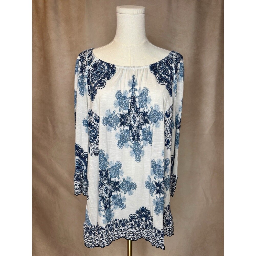 INC International Concepts Blue White Boho Tunic Top 2X Rayon Bell Sleeve